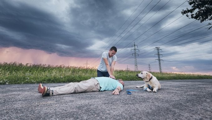 un homme fait un massage cardiaque un chien sauve la vie d'un homme