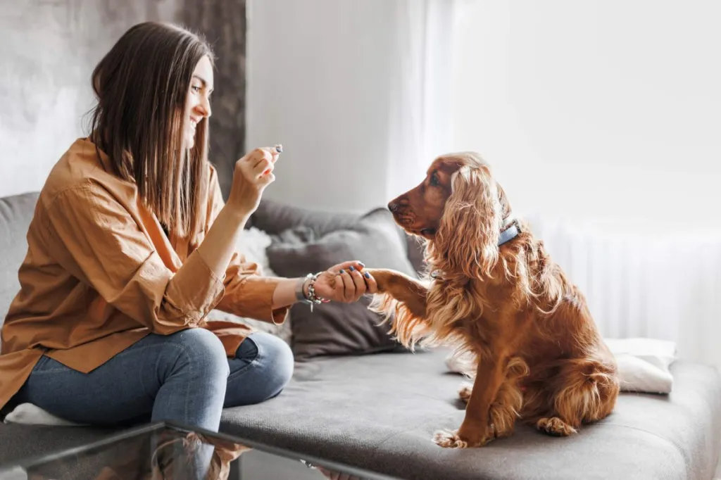Une femme entraîne son chien avec des friandises pour se préparer au chaos d'Halloween.