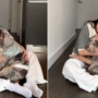 Un chien de sauvetage reçoit un doux discours d’encouragement de la part de sa mère adoptive avant l’événement d’adoption